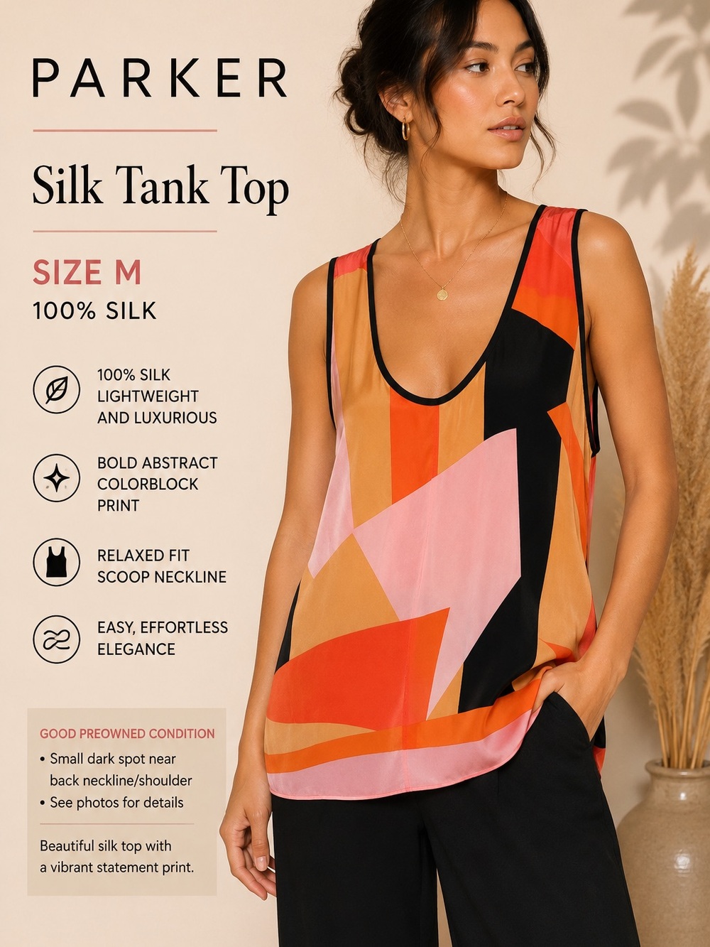 Parker 100% Silk Abstract Colorblock Tank Top Pink Orange Black Size M